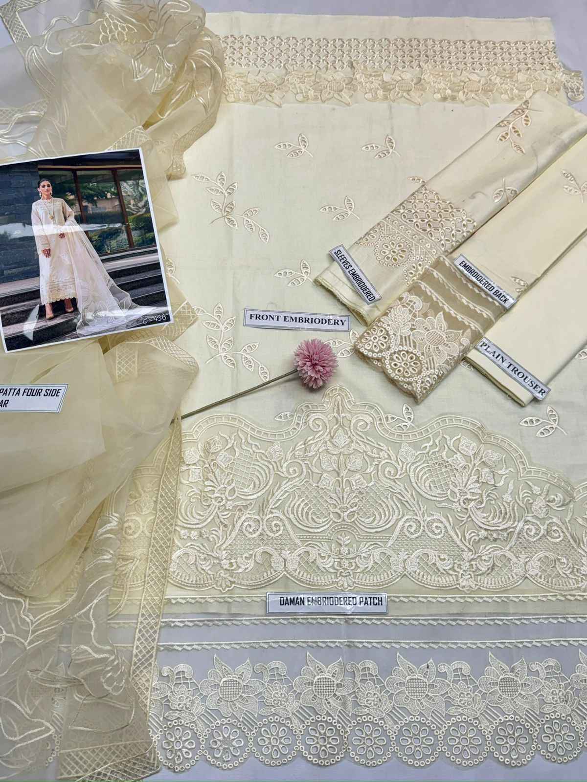 Mushq 436 Airjet Lawn Embroidered 3PC Suit with Organza Embroidered Dupatta – Unstitched Summer Collection