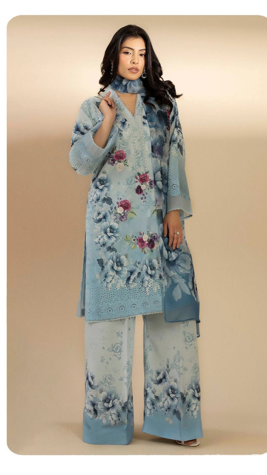 Adan Libas D-1609 chikankari printed lawn suit with bamber chiffon dupatta