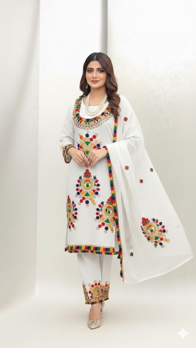 Lawn cotton Aara work embroidered 3PC suit with Indian chiffon dupatta