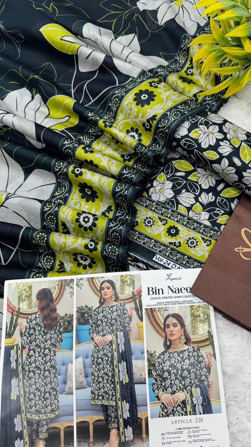 Bin Naeem lawn 3pc printed suit with voil dupatta