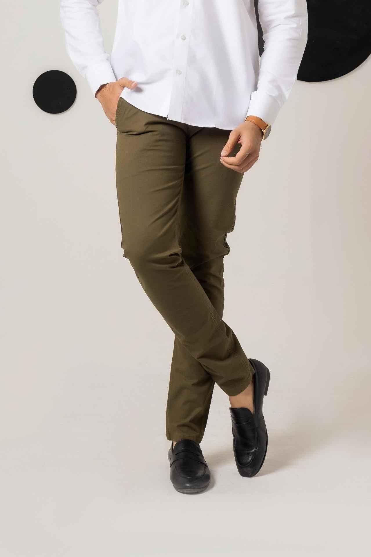 Olive Green Cotton Pant Regular Fit