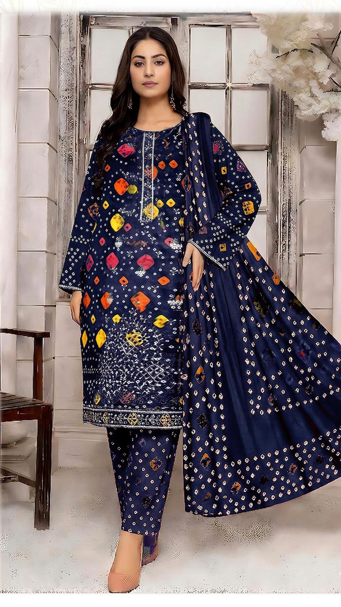 Unstitched lawn suit with heavy embroidery and printed trouser