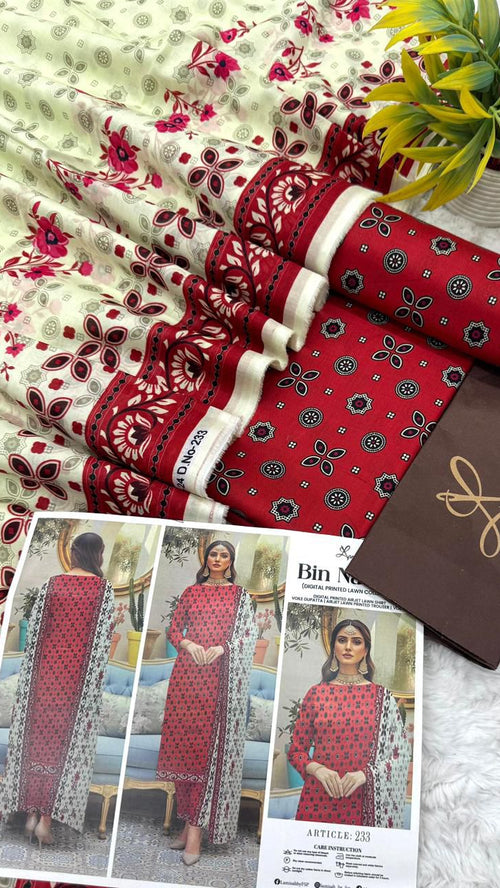 Bin Naeem lawn 3pc printed suit with voil dupatta