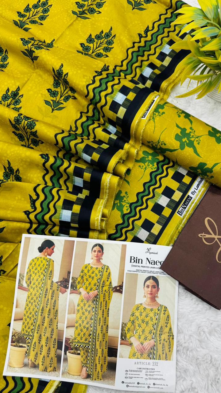 Bin Naeem lawn 3pc printed suit with voil dupatta