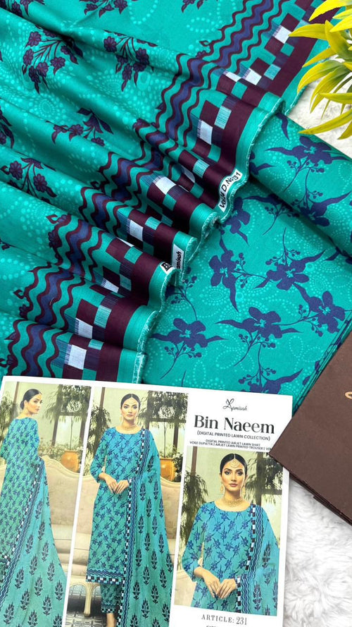 Bin Naeem lawn 3pc printed suit with voil dupatta