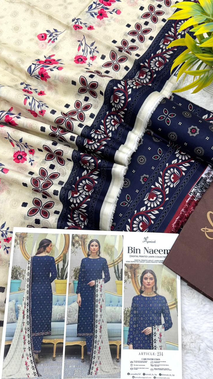 Bin Naeem lawn 3pc printed suit with voil dupatta
