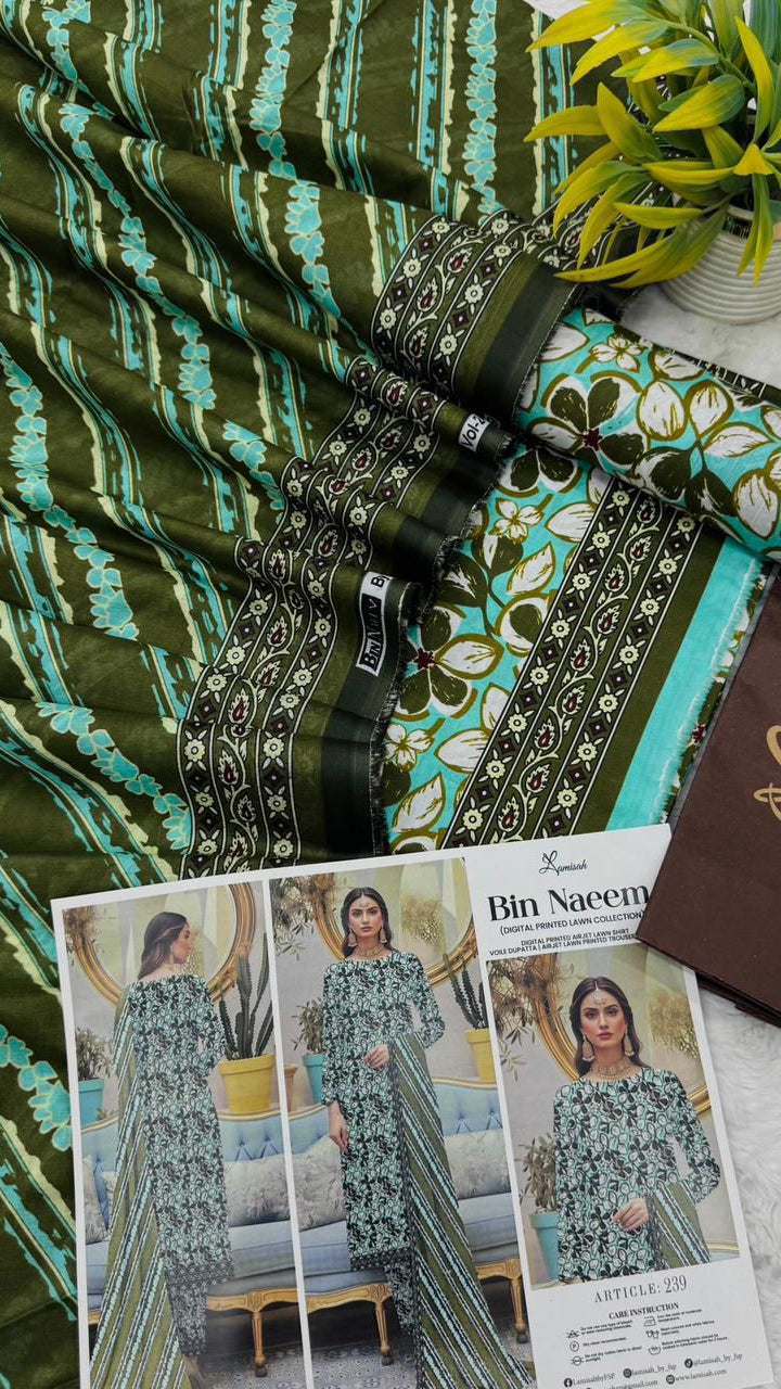 Bin Naeem lawn 3pc printed suit with voil dupatta