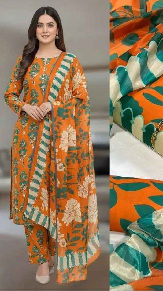 Digital Printed Swiss Lawn 3PC Suit with Chiffon Dupatta – Floral Unstitched