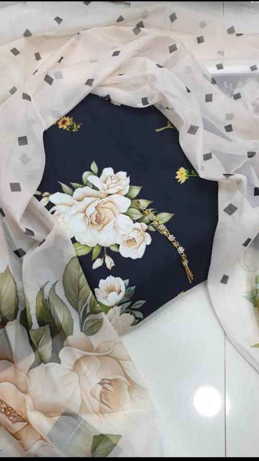 Digital Printed Swiss Lawn 3PC Suit with Chiffon Dupatta – Floral Unstitched