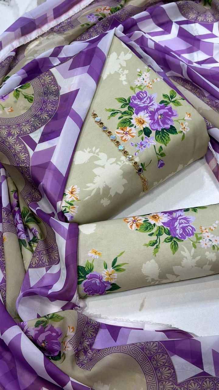 Digital Printed Swiss Lawn 3PC Suit with Chiffon Dupatta – Floral Unstitched