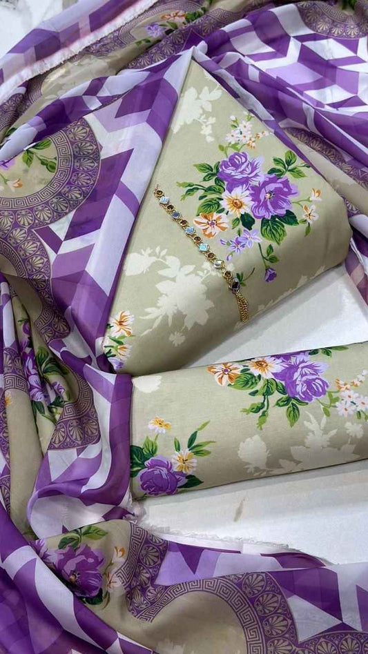 Digital Printed Swiss Lawn 3PC Suit with Chiffon Dupatta – Floral Unstitched