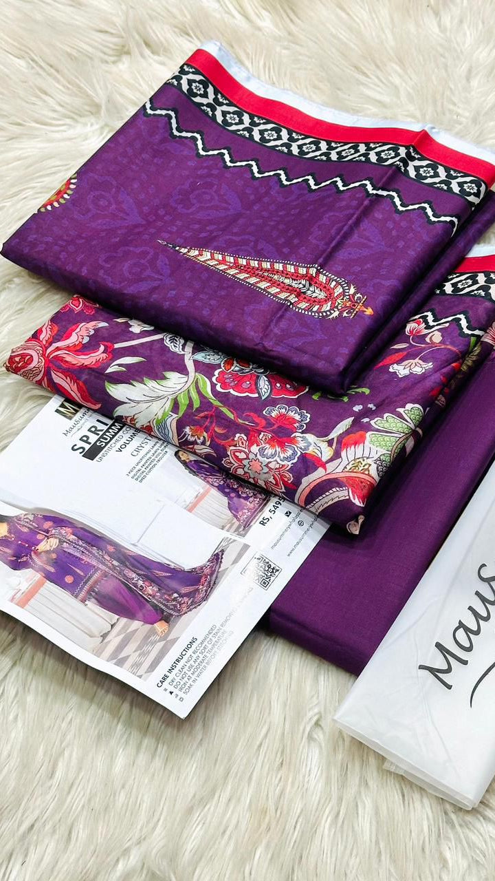 Mausammry lawn 3pc printed suit with voil dupatta