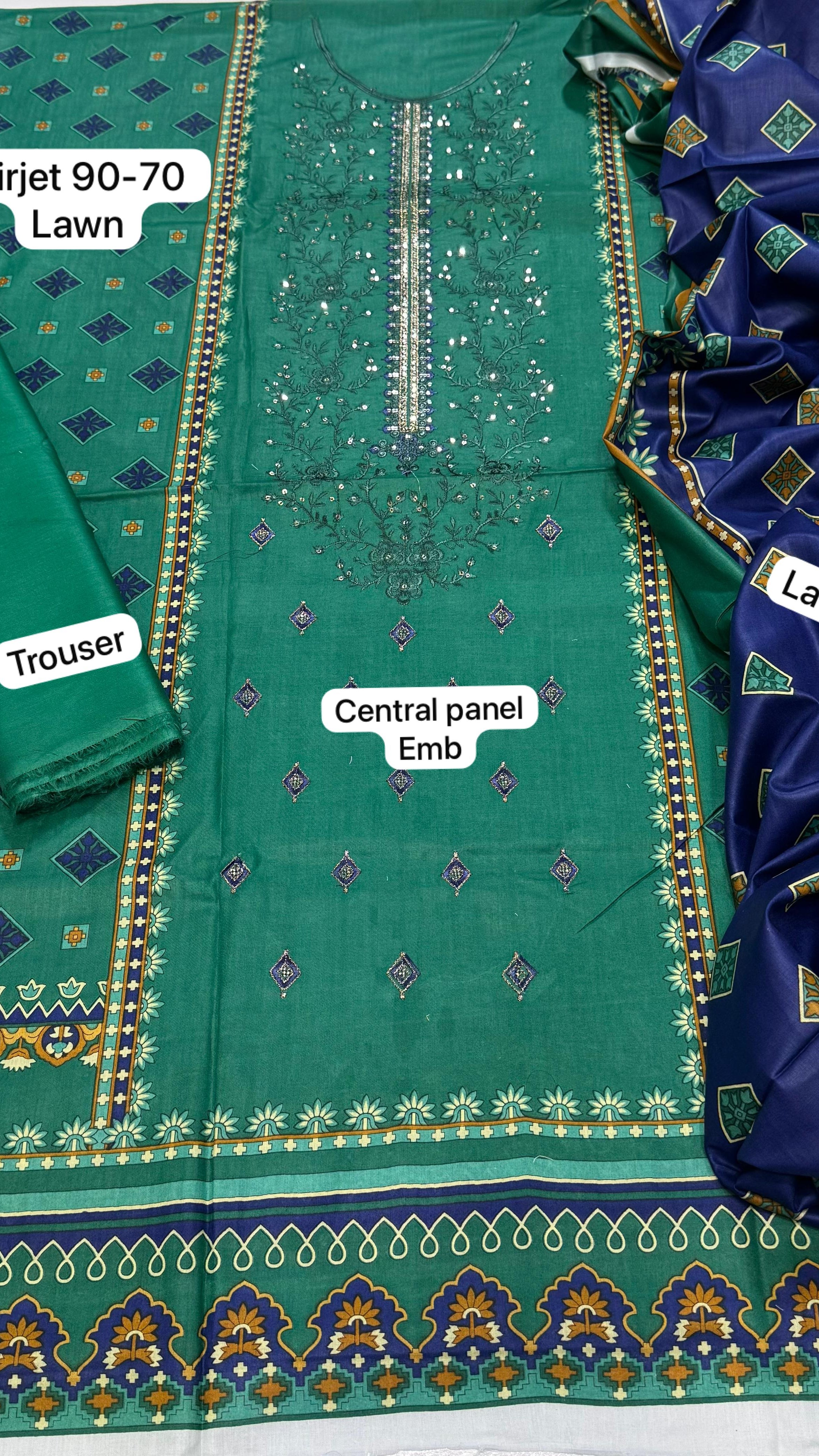 Unstitched lawn suit with daman boring and printed trouser