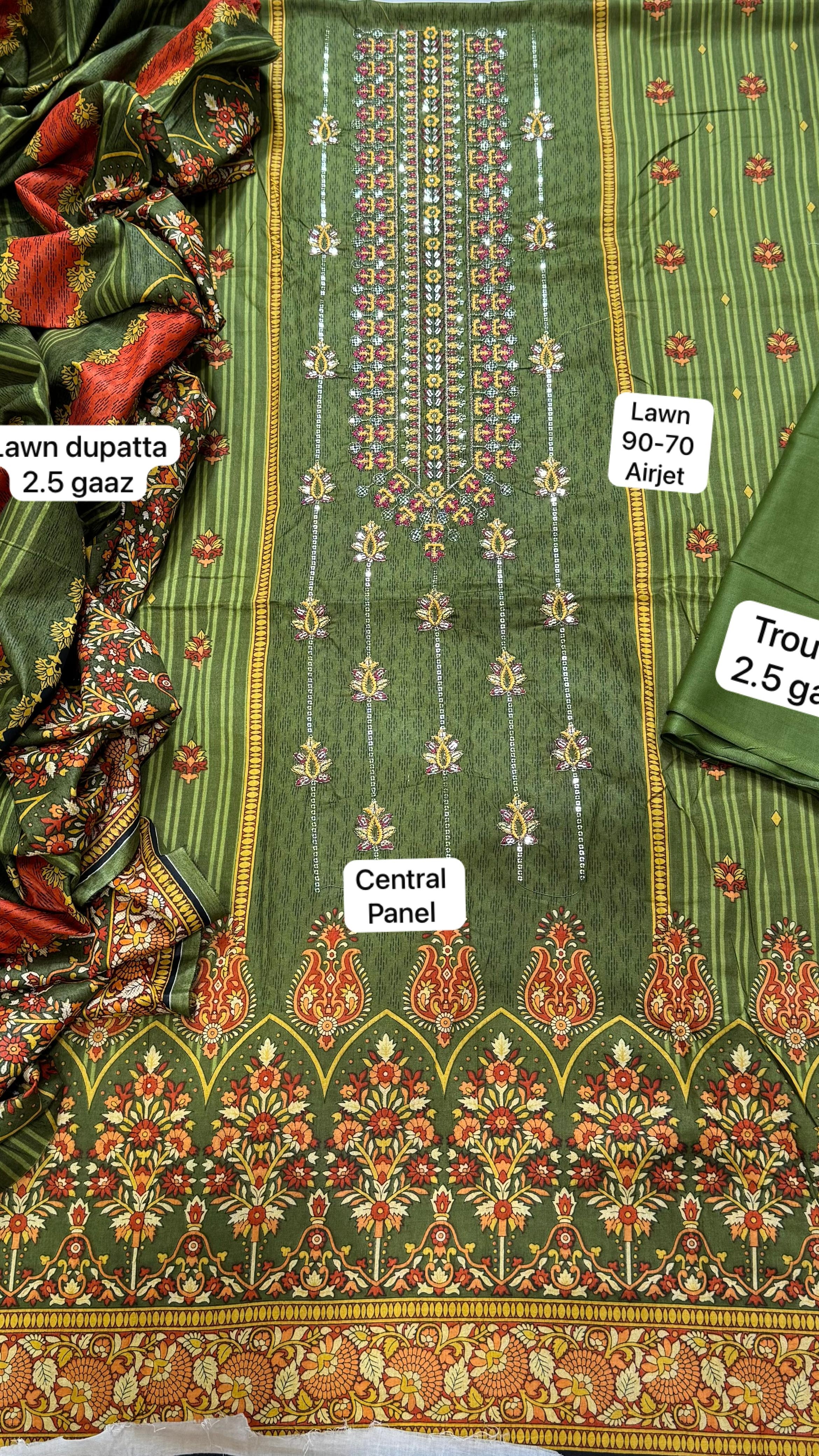Unstitched lawn suit with daman boring and printed trouser