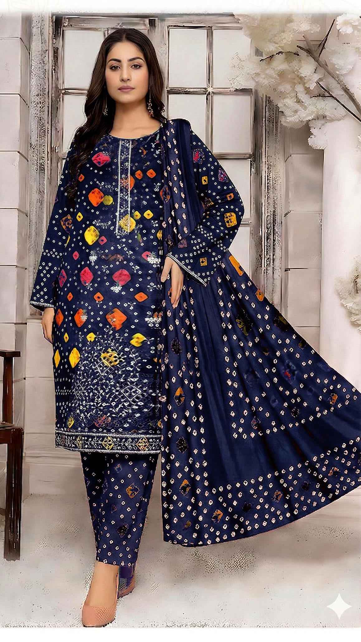 Sapphire Embroidered Lawn 3PC Suit with Digital Printed Indian Chiffon Dupatta & Printed Trouser – Unstitched Summer Collection