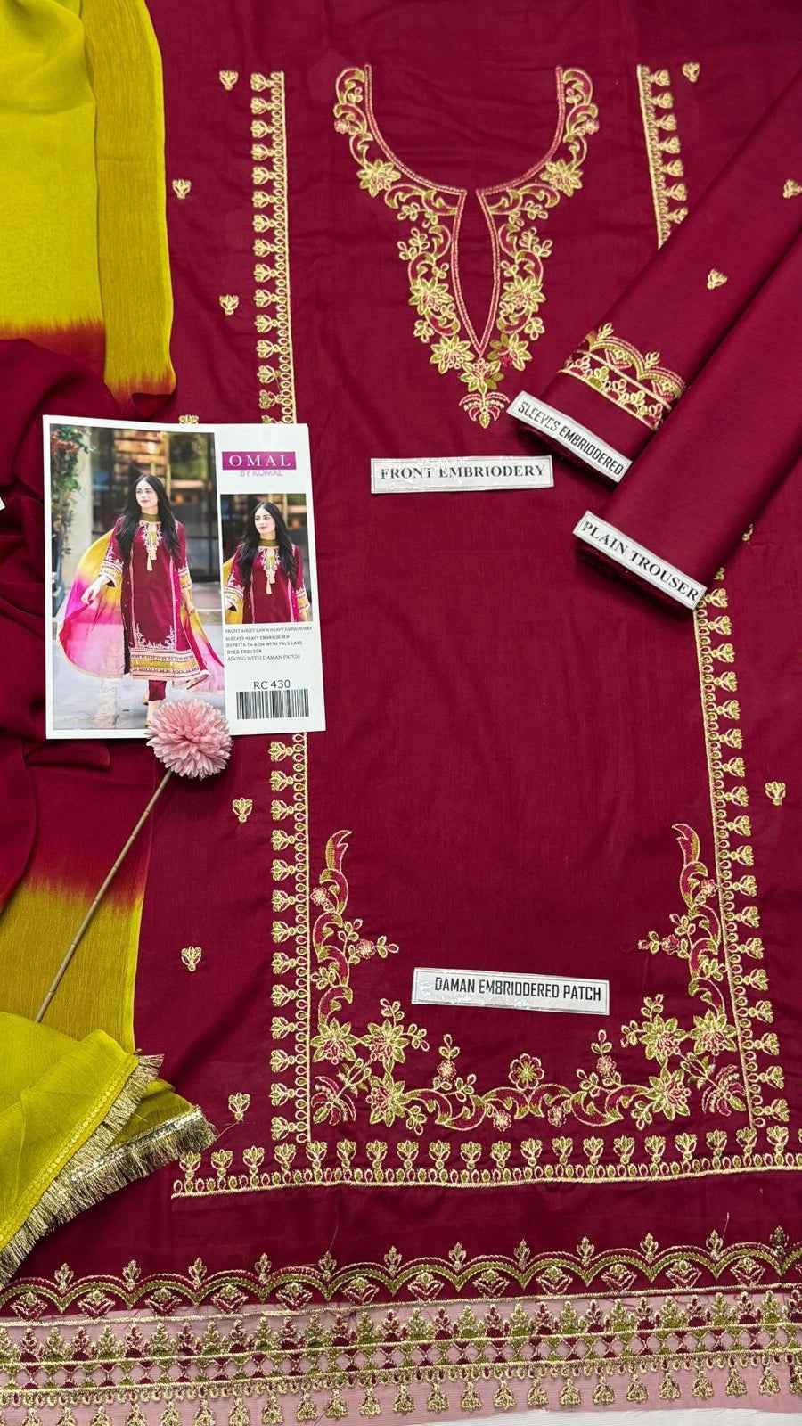 Omal by Komal Premium Lawn Cotton Embroidered 3PC Suit with Digital Bamber Dupatta – Unstitched