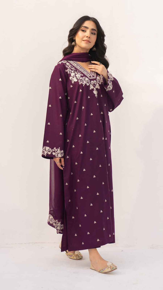 Rozana D-5005 Premium Lawn Cotton Embroidered 3PC Suit with Zari Bamber Dupatta – Unstitched
