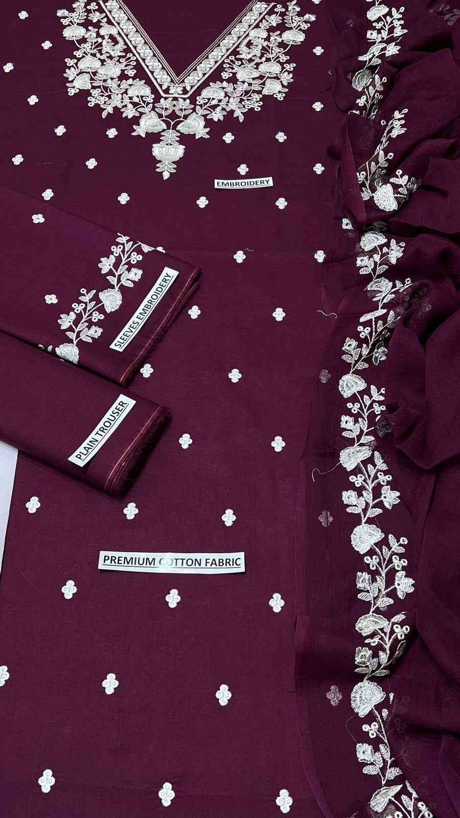 Rozana D-5005 Premium Lawn Cotton Embroidered 3PC Suit with Zari Bamber Dupatta – Unstitched