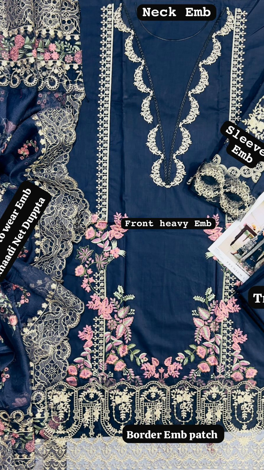 KAHF embroidered lawn suit with ready to wear khadi net dupatta
