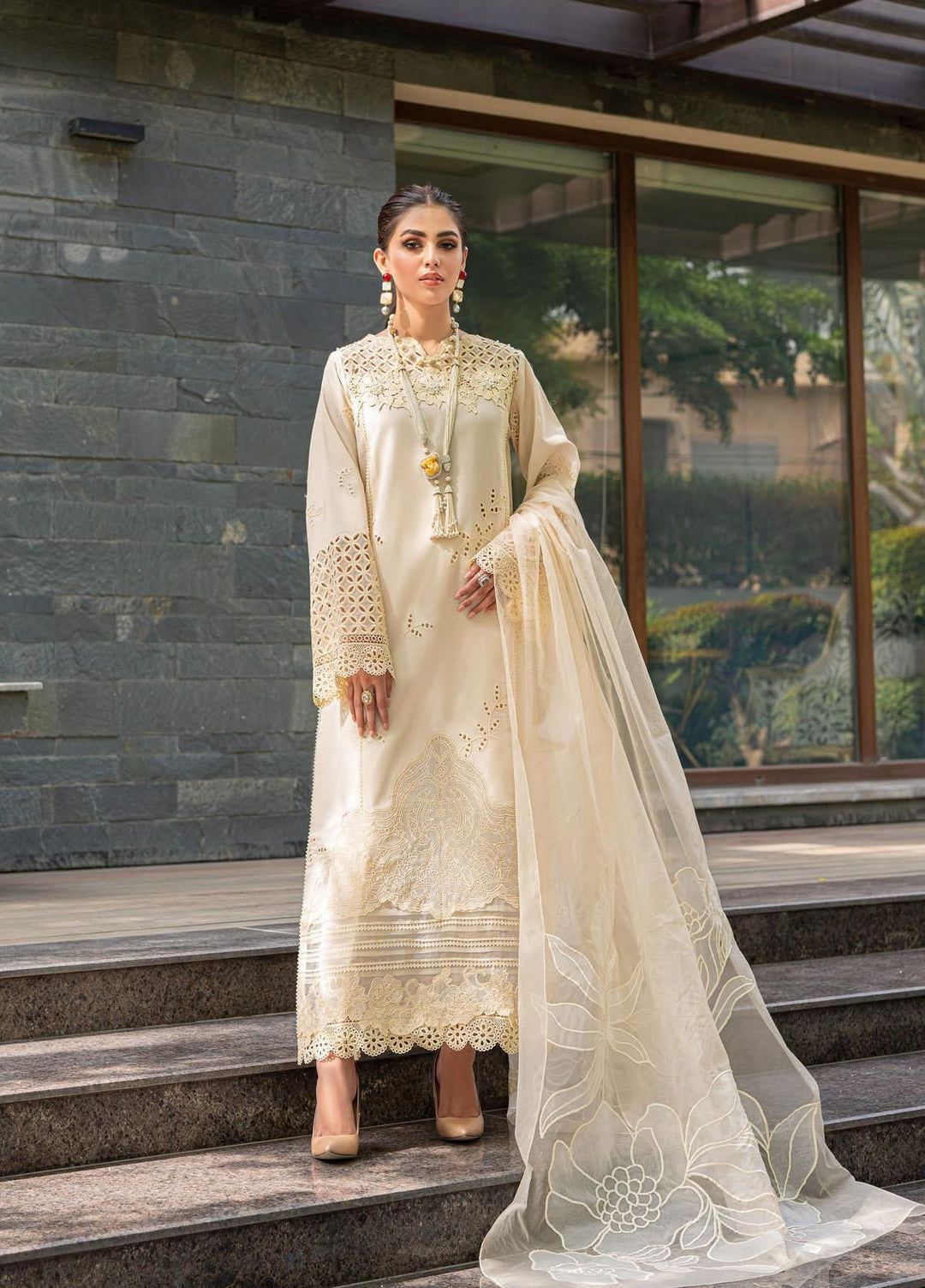 Mushq 436 Airjet lawn embroidered suit with organza embroidered dupatta