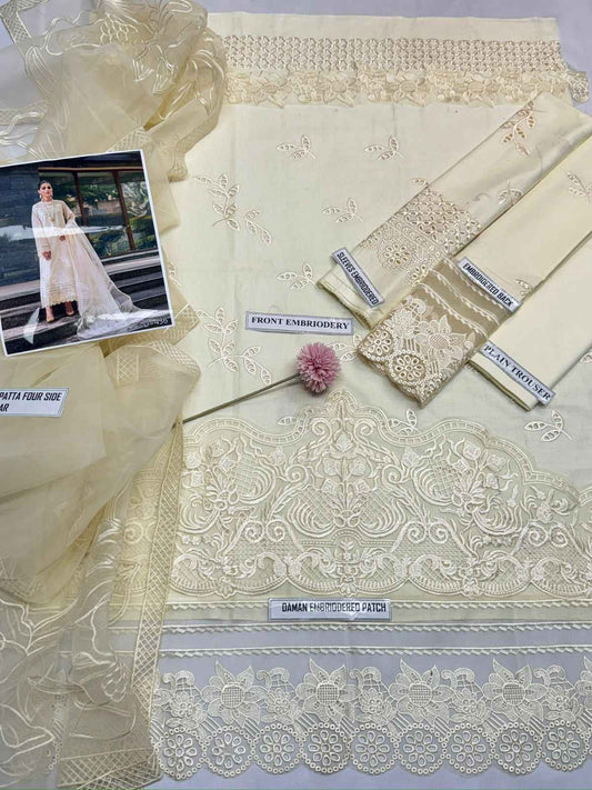Mushq 436 Airjet Lawn Embroidered 3PC Suit with Organza Embroidered Dupatta – Unstitched Summer Collection
