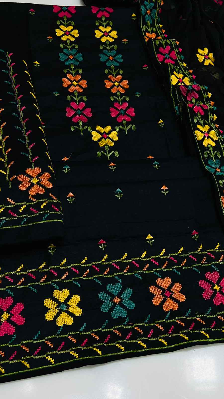 Cross Stitch Embroidered Cotton 3PC Suit with Chiffon Dupatta – Unstitched #SH