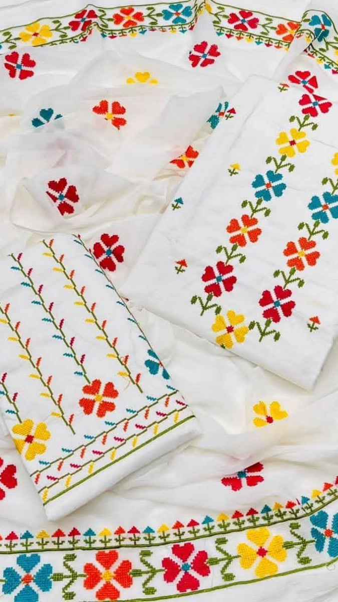 Cross Stitch Embroidered Cotton 3PC Suit with Chiffon Dupatta – Unstitched #SH