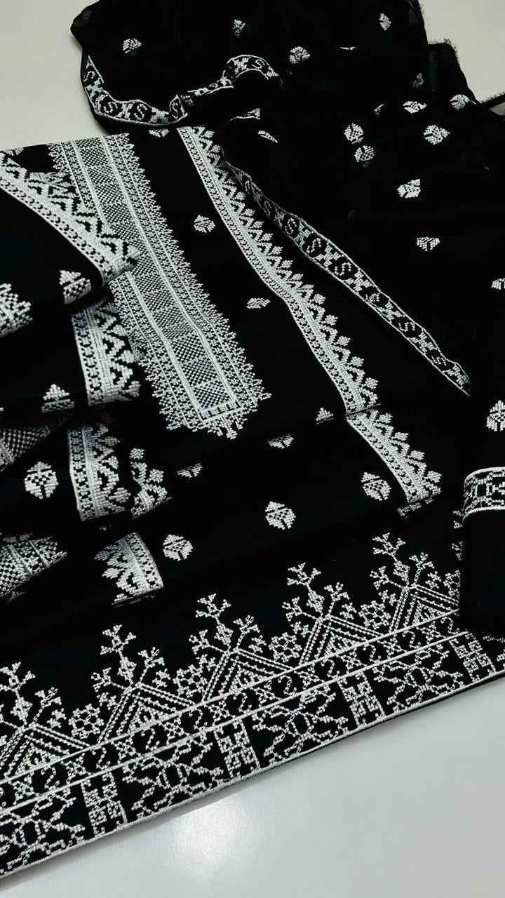 Luxury Cross Stitch Embroidered Lawn 3PC Suit with Crinkle Chiffon Dupatta – Unstitched #SH