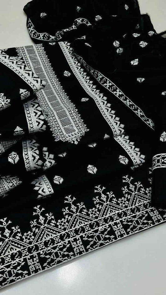 Luxury Cross Stitch Embroidered Lawn 3PC Suit with Crinkle Chiffon Dupatta – Unstitched #SH