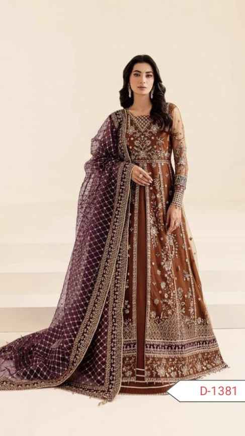 Farasha D-1381 Heavy Embroidered Net Frock with Shamose Silk Trouser & Net Dupatta – Unstitched #F