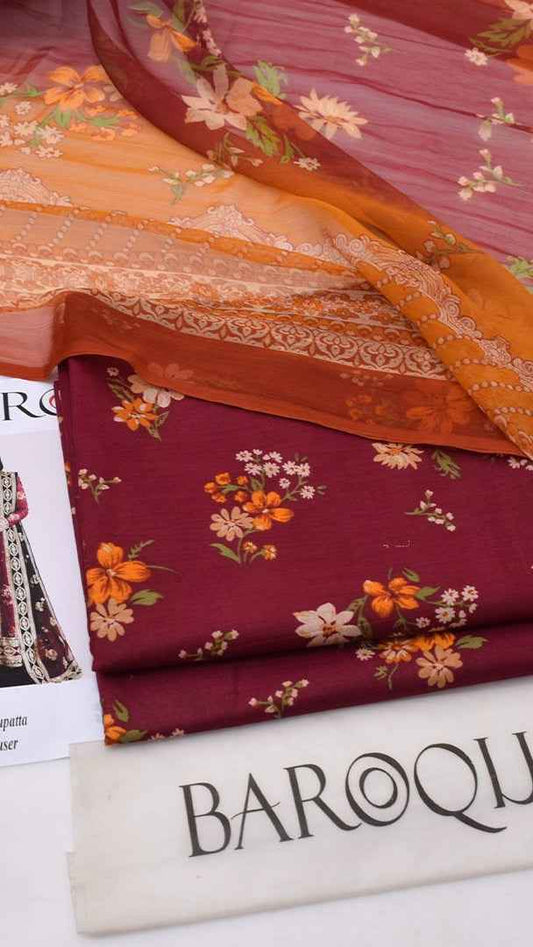 2026 Printed Lawn 3PC Suit with Chiffon Dupatta – Unstitched Summer Collection