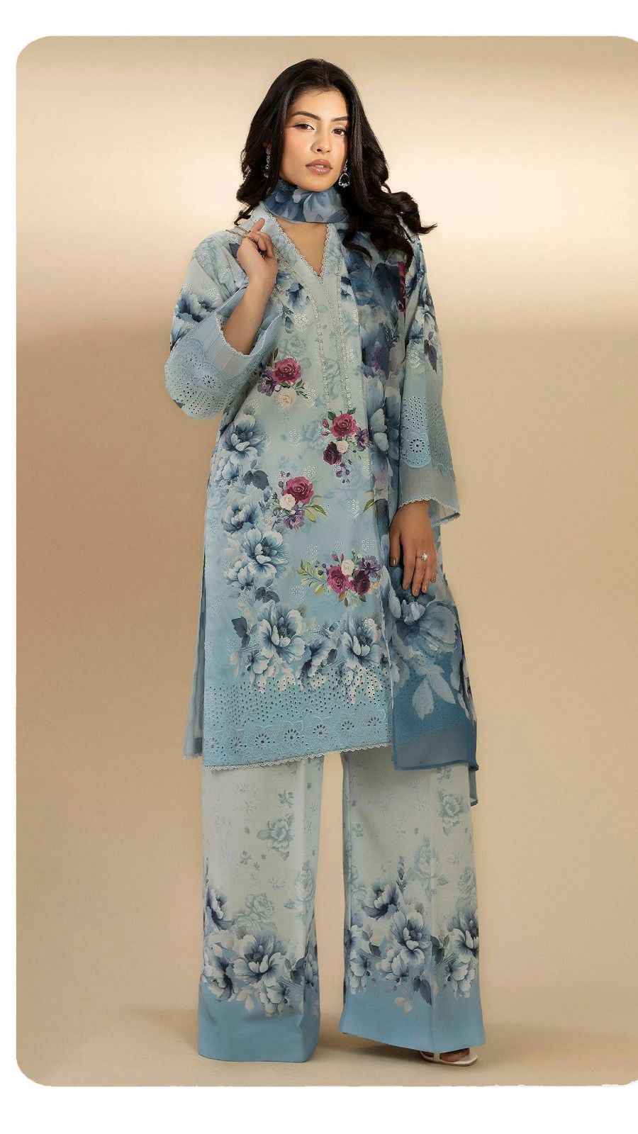 Adan Libas D-1609 chikankari printed lawn suit with bamber chiffon dupatta