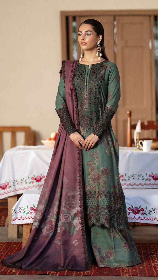Unstitched embroidered lawn suit with neck patch and daman lace