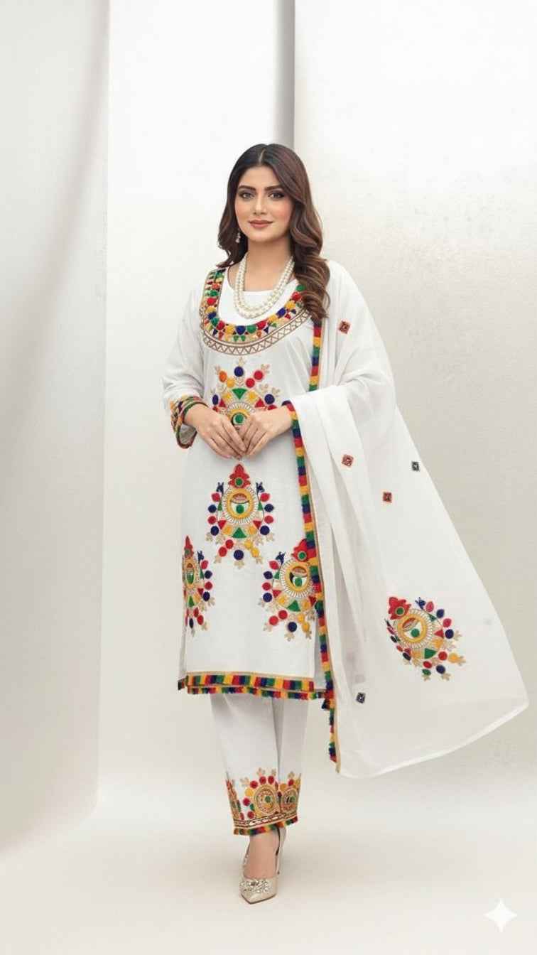 Lawn cotton Aara work embroidered 3PC suit with Indian chiffon dupatta
