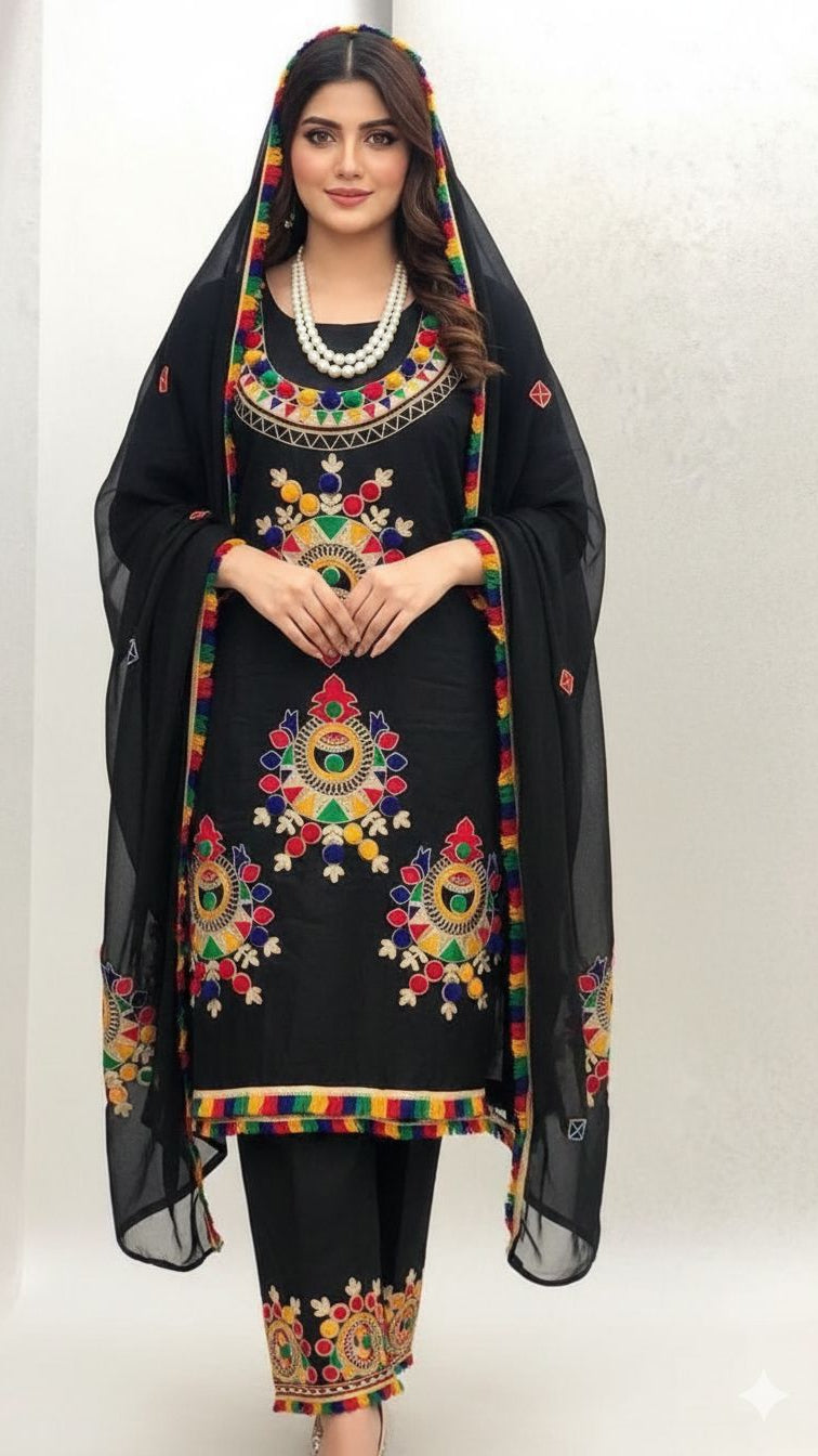 Lawn cotton Aara work embroidered 3PC suit with Indian chiffon dupatta