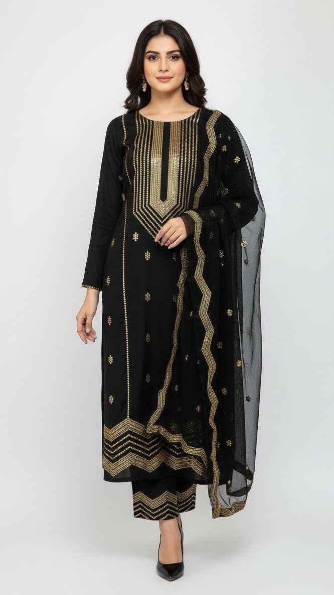 Lawn cotton embroidered 3PC suit with chiffon lace dupatta
