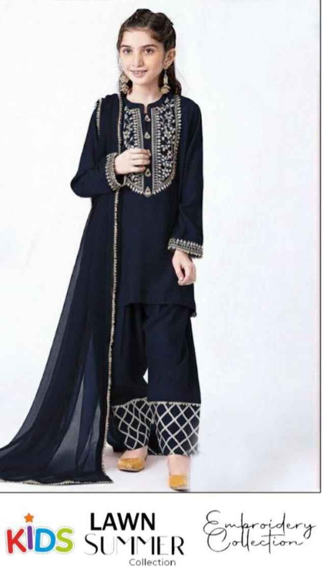 Premium girls festive lawn suit with embroidered sleeves and trouser