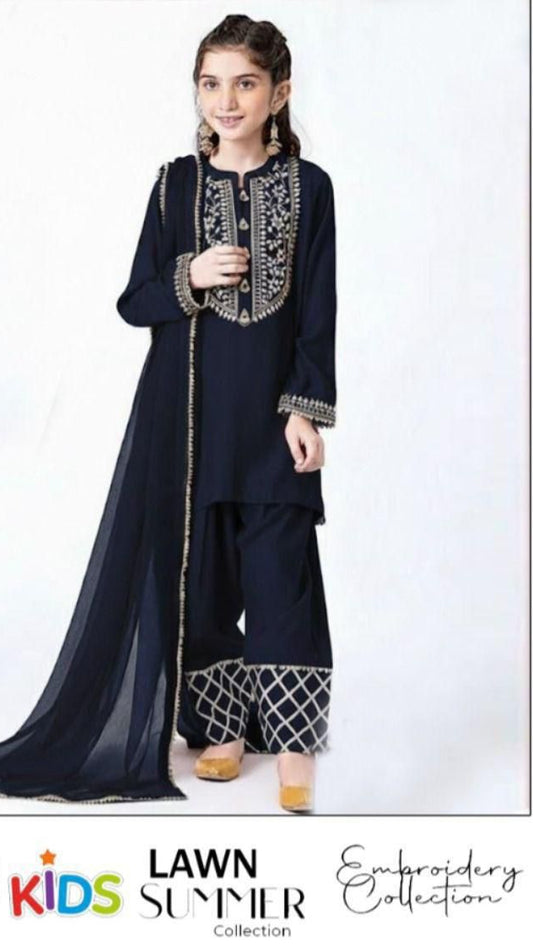 Premium girls festive lawn suit with embroidered sleeves and trouser