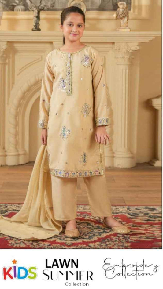 Premium girls festive lawn suit with embroidered sleeves and trouser