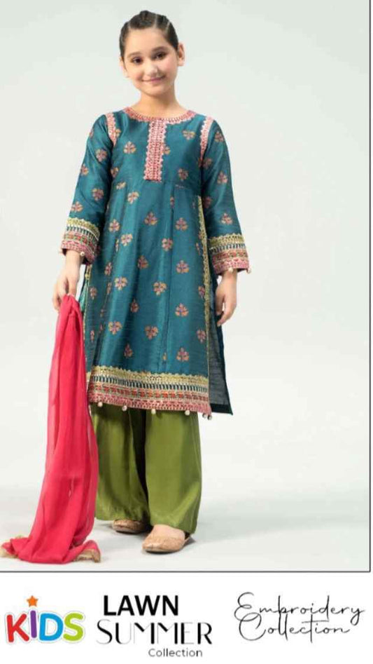 Premium girls festive lawn suit with embroidered sleeves and trouser