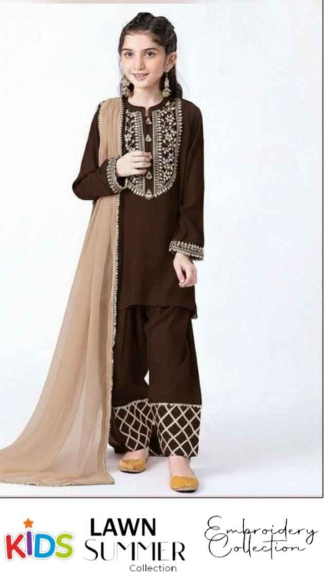 Premium girls festive lawn suit with embroidered sleeves and trouser