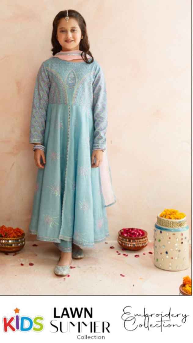 Premium girls festive lawn suit with embroidered sleeves and trouser