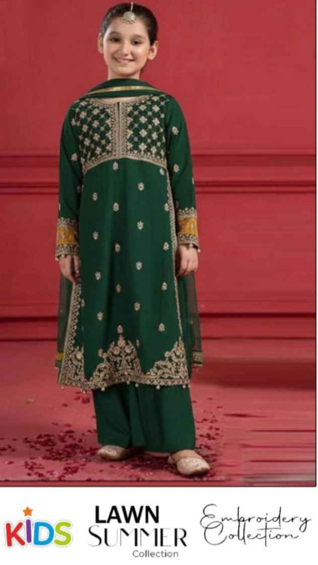 Premium girls festive lawn suit with embroidered sleeves and trouser