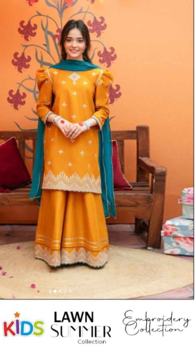 Premium girls festive lawn suit with embroidered sleeves and trouser