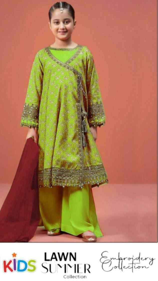 Premium girls festive lawn suit with embroidered sleeves and trouser