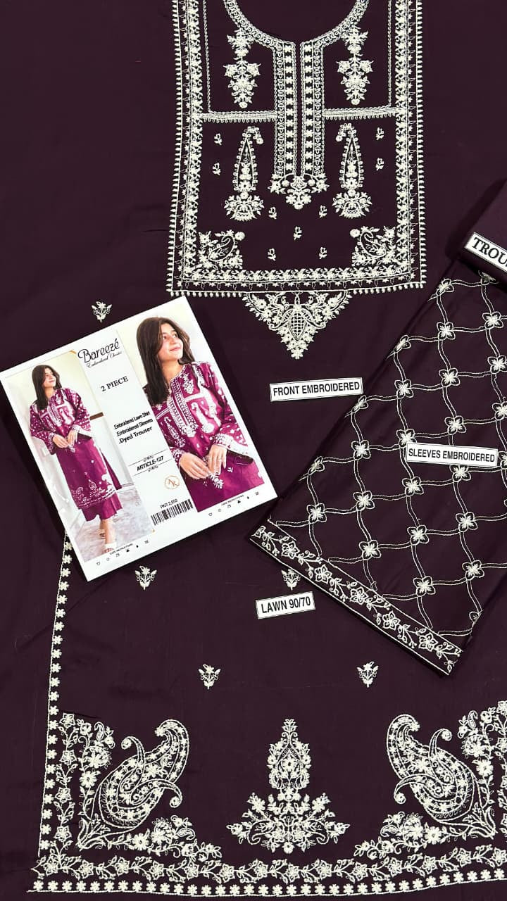 Zeenat Wear Plum Embroidered Unstitched 2 Piece Lawn Suit for Women – Premium Pakistani Lawn Collection