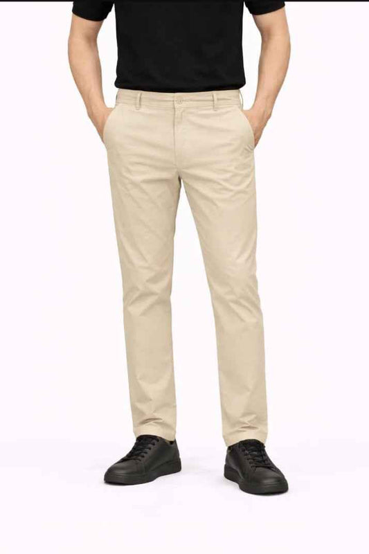Beige Straight Fit Cotton Pant