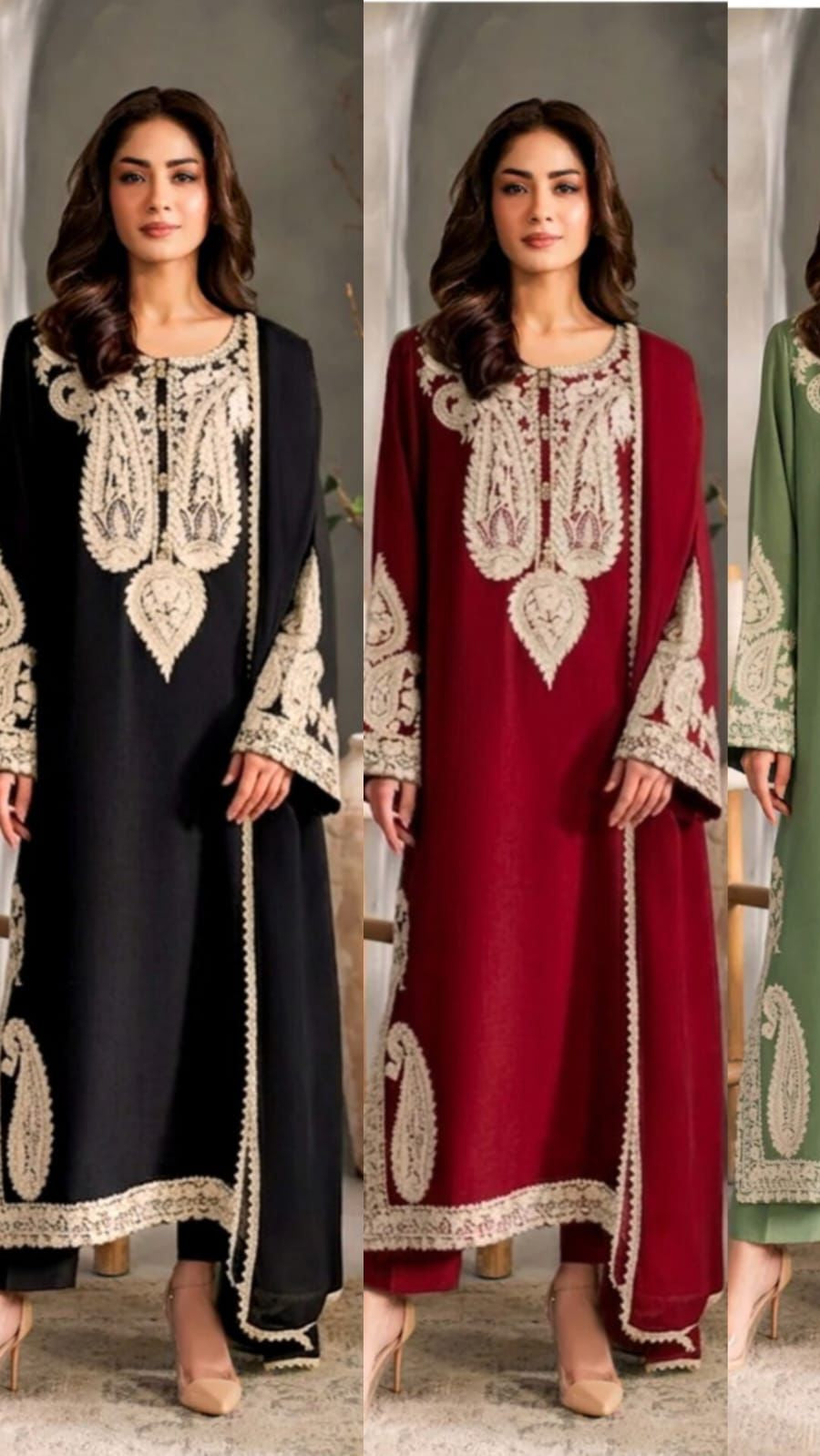 Four women wearing long, embroidered dresses in black, red, green, and dark green.