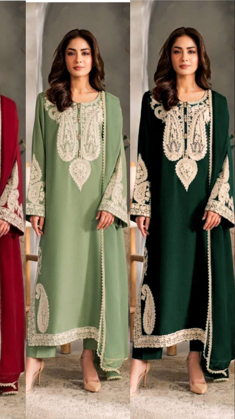 Four women wearing long, embroidered dresses in black, red, green, and dark green.